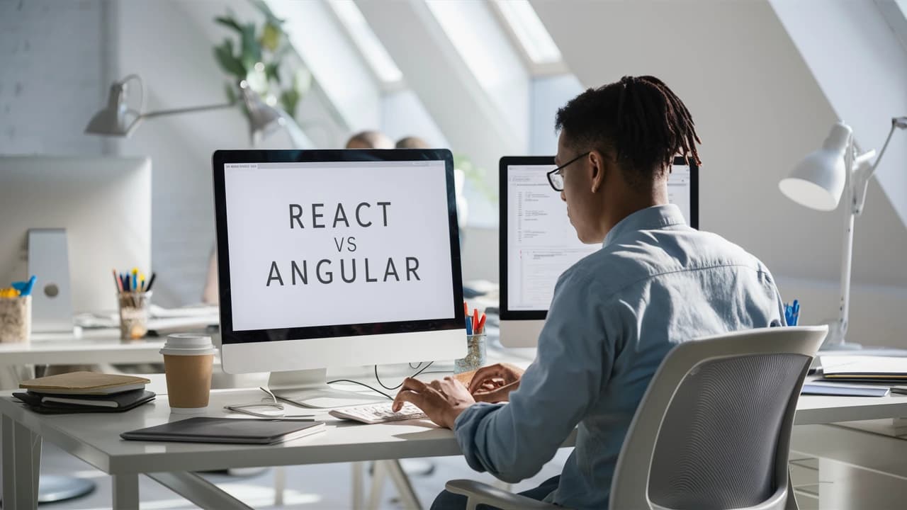 Trabajador comparando react vs angular y tomando nota para saber cuál es mejor