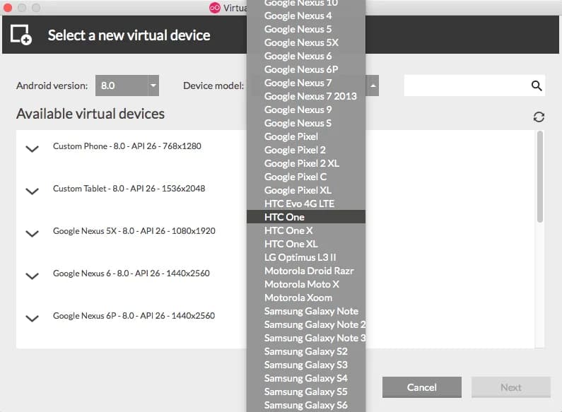 Diferentes dispositivos proporcionados por Genymotion