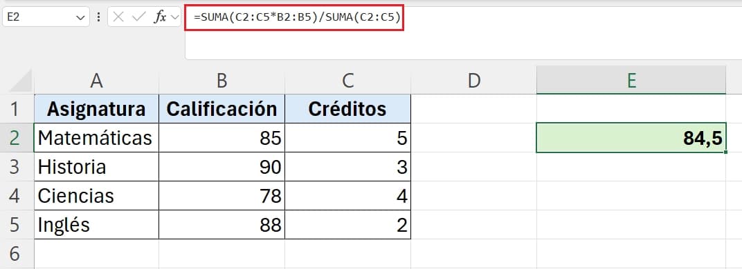 ejemplo de media ponderada con funciones matriciales en excel