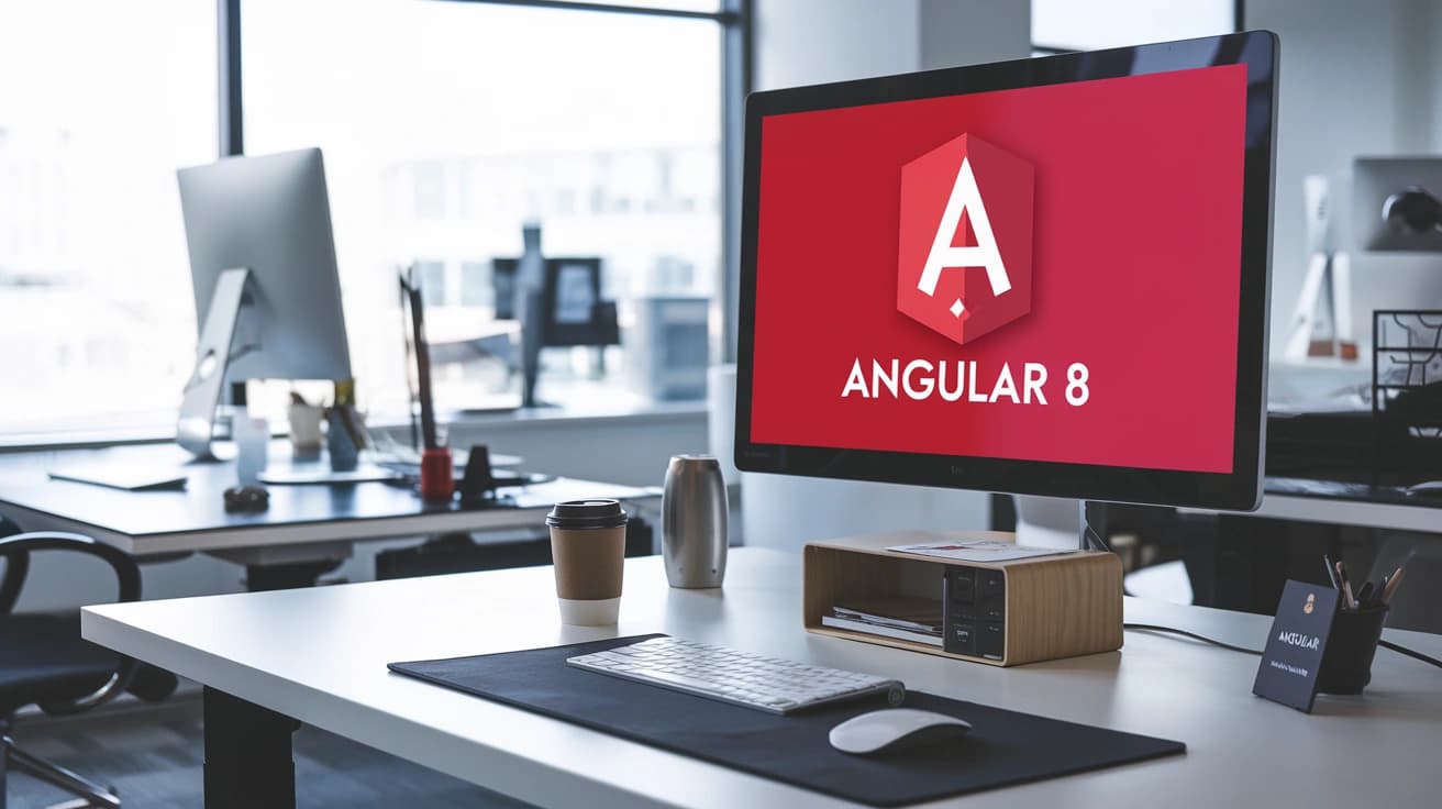 Pantalla de ordenador mostrando el logo de Angular 8 como introducción hacia sus novedades