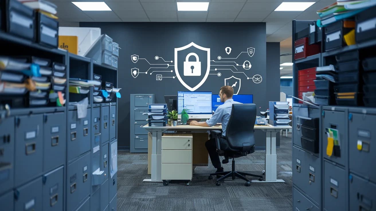 Profesional trabajando en una oficina moderna rodeado de archivadores y documentos, la imágen con el candado simboliza la evolución de la gestión de información y seguridad