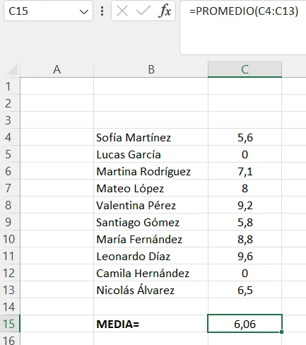 Ejemplo de Función Promedio Excel