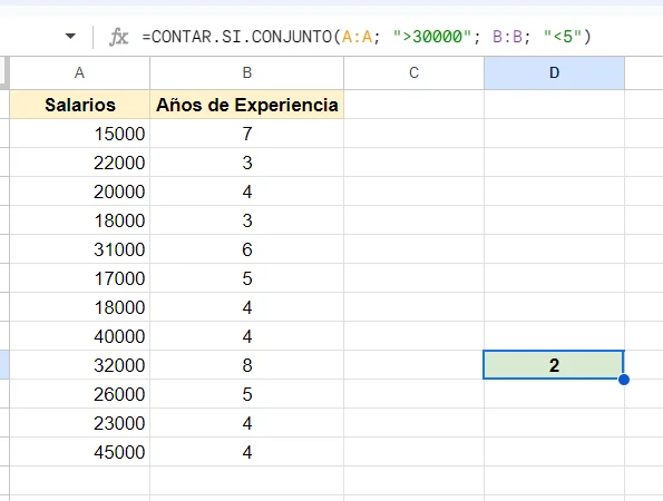 Ejemplo de uso de CONTAR.SI.CONJUNTO para contar elementos que cumplen 2 condiciones