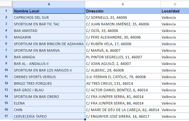 Seleccionar columna en Google Sheets