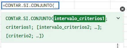 Sintaxis Funcíon CONTAR.SI.CONJUNTO (countifs) en Google Sheets